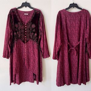 Holy Clothing Loralee Embroidered Tunic Top 2X Overdress Tie Ren Faire Maroon
